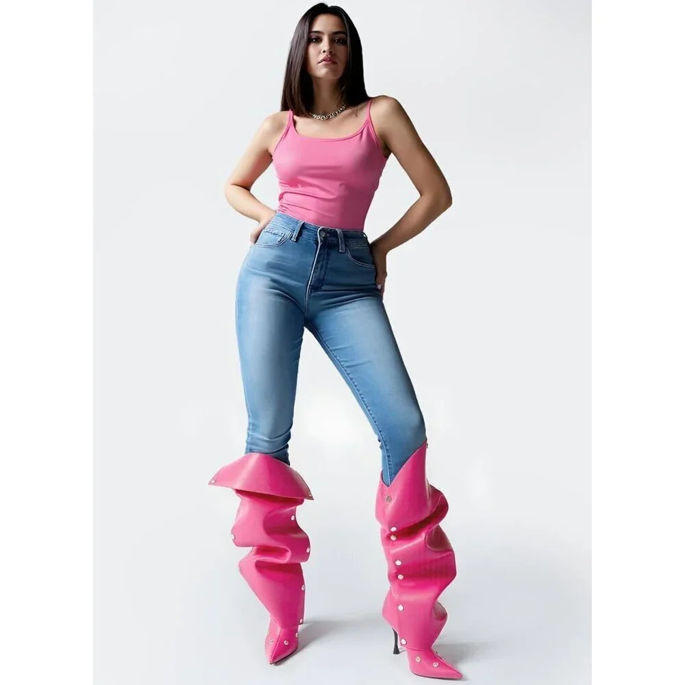 Women's Pink Suede Detachable Snap-off Panel Fold Over Fall Shark Knee High Boot